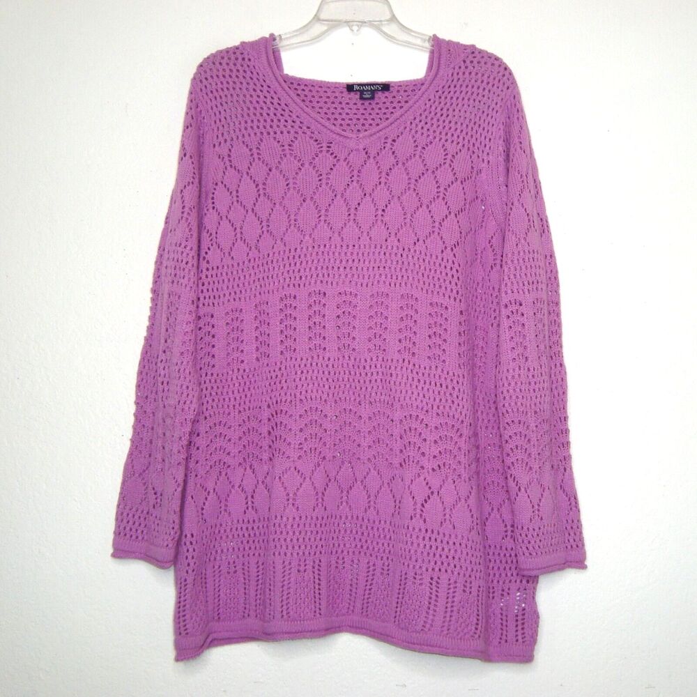 ROAMANS Purple Pointelle Knit Hooded Tunic Sweater Womens Size 18/20